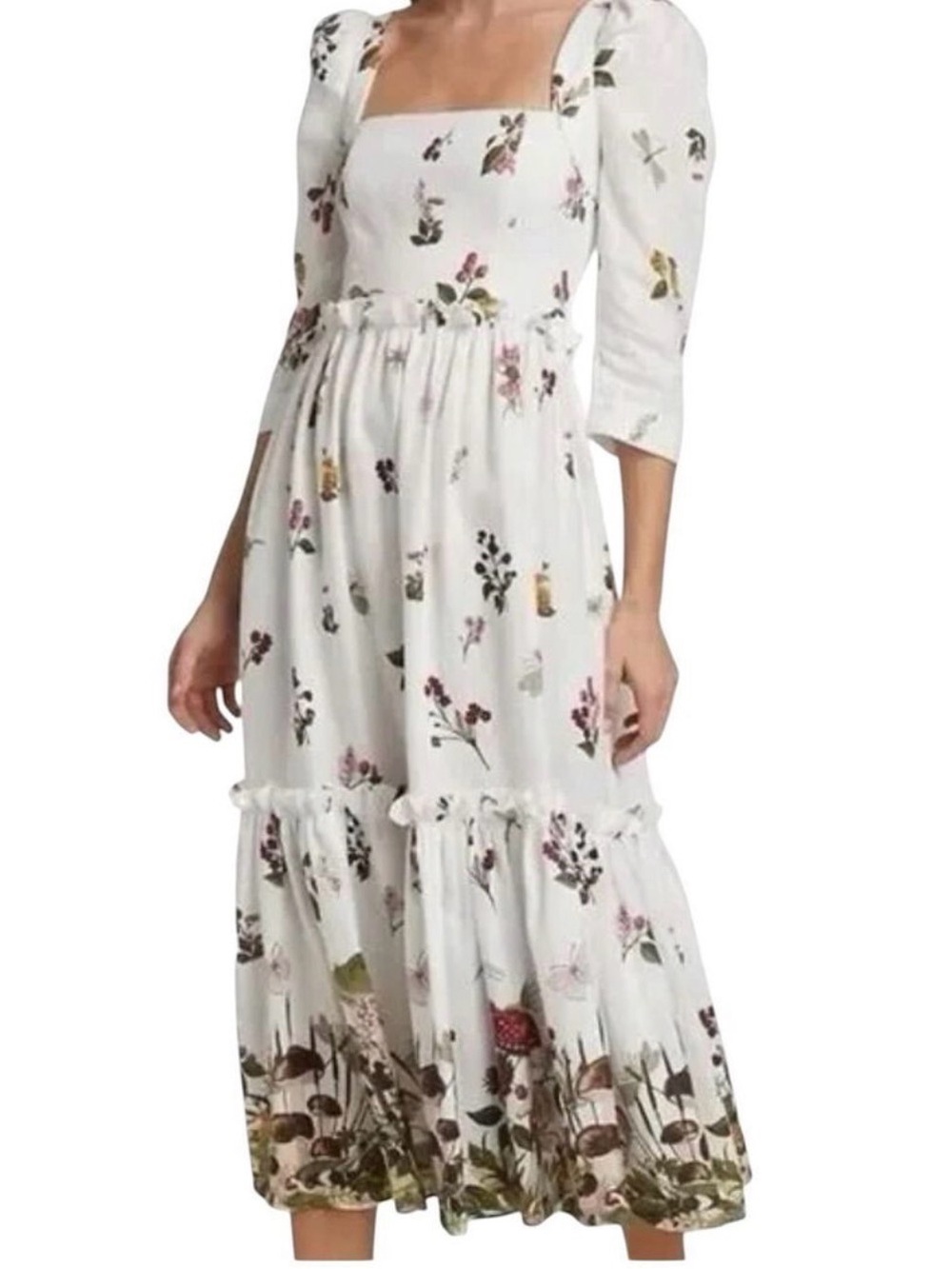 Cara Cara Floral Midi Dress Size 6 White Puff Sleeve Cottagecore Designer Dress